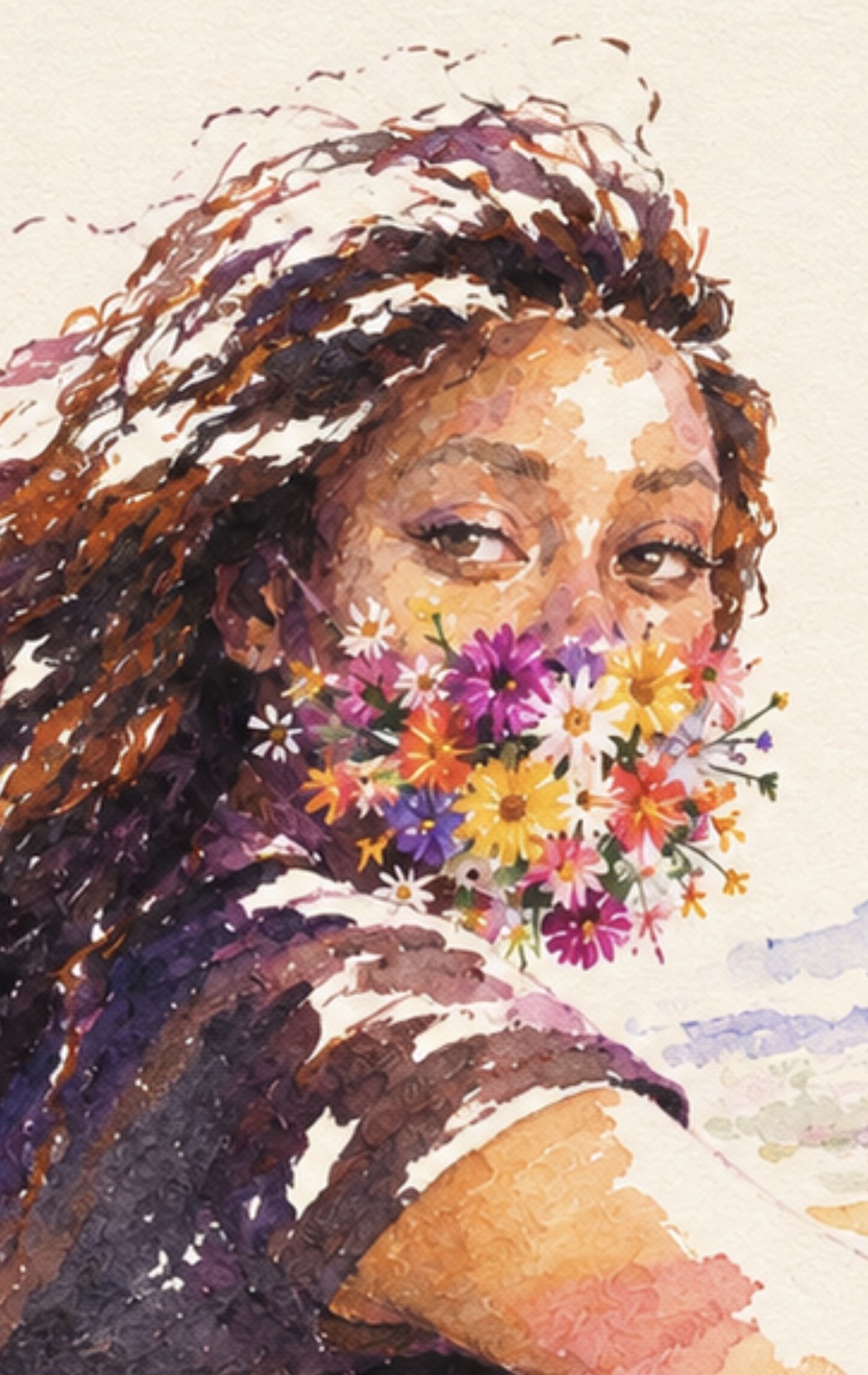 Watercolor portrait of Bellevina, wind-blown hair, a handful of wildflowers held over her lower face