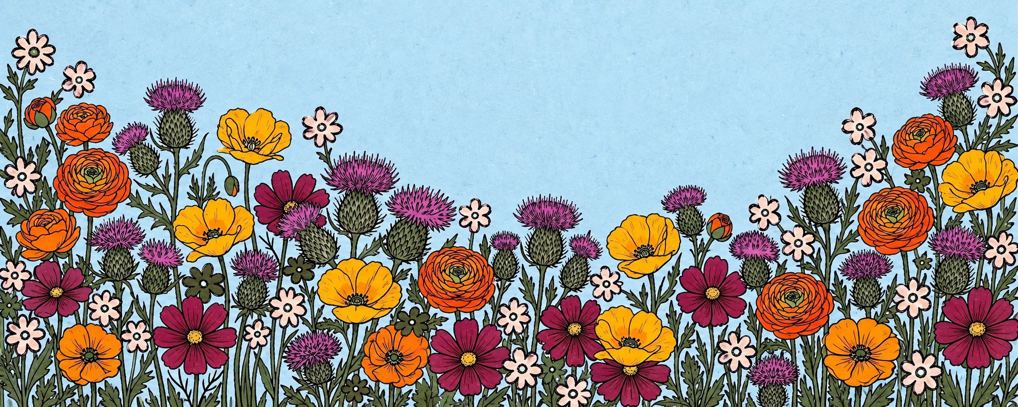 Illustrated wildflowers — orange ranunculus, golden poppies, magenta cosmos, purple thistle, and cream daisies — framing a clear sky-blue backdrop